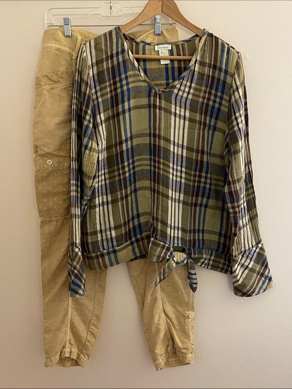 Sundance Linen Outfit Set Plaid Cotton Gauze Top & Linen Crop Pants L 10